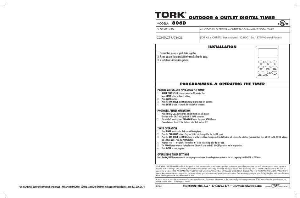 NSi Industries 806D User Manual | 2 pages