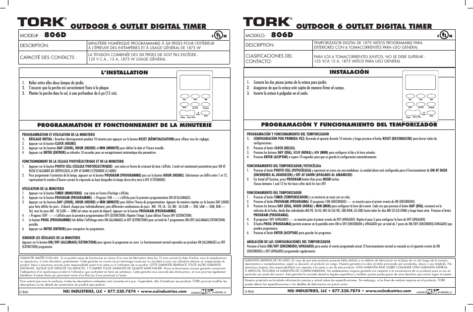 French, Spanish, Outdoor 6 outlet digital timer | 806d, L’installation, Programmation et fonctionnement de la minuterie, Instalación, Programación y funcionamiento del temporizador, Model, Description | NSi Industries 806D User Manual | Page 2 / 2
