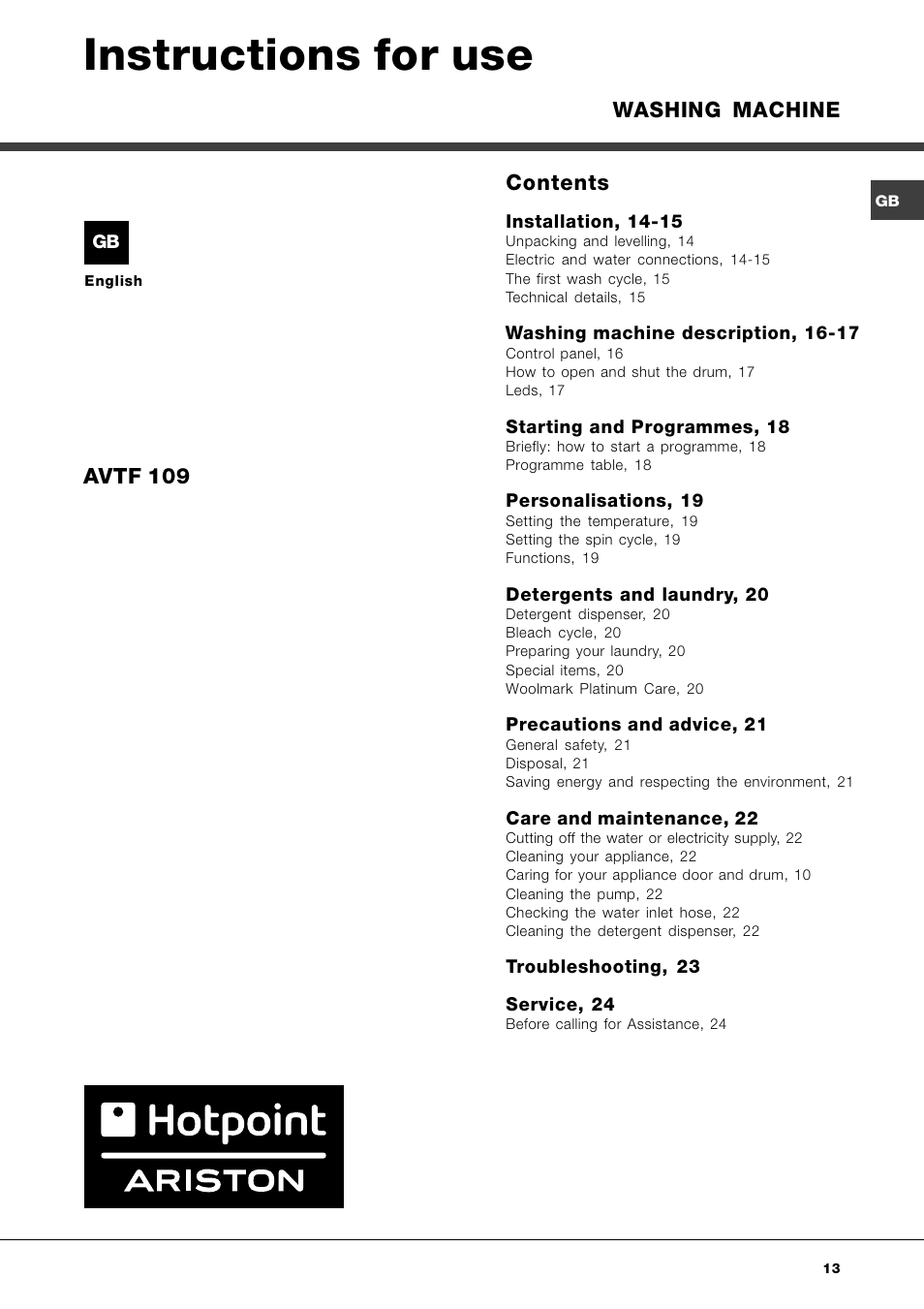 Hotpoint Ariston AVTF 109 User Manual | Page 13 / 72