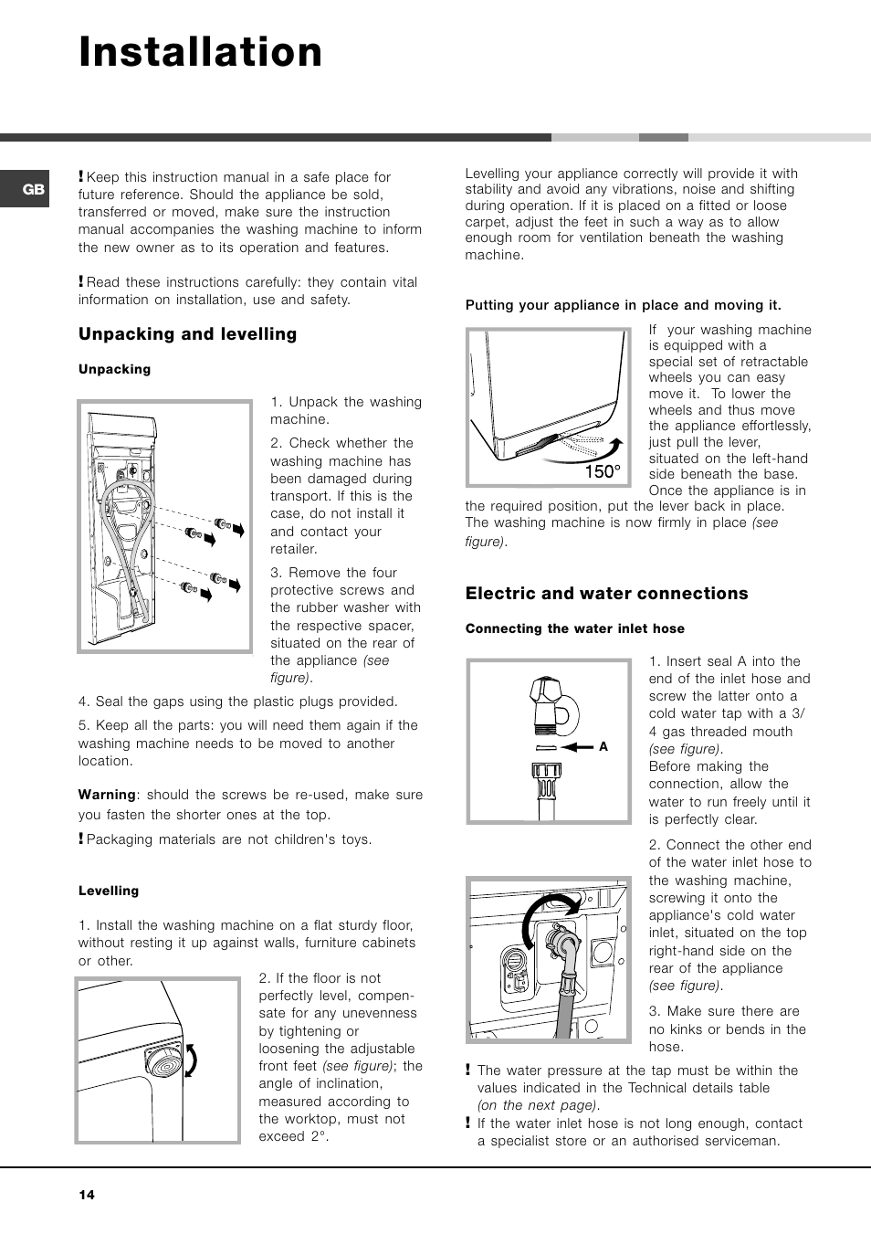 Installation, Unpacking and levelling, Electric and water connections | Hotpoint Ariston AVTF 109 User Manual | Page 14 / 72