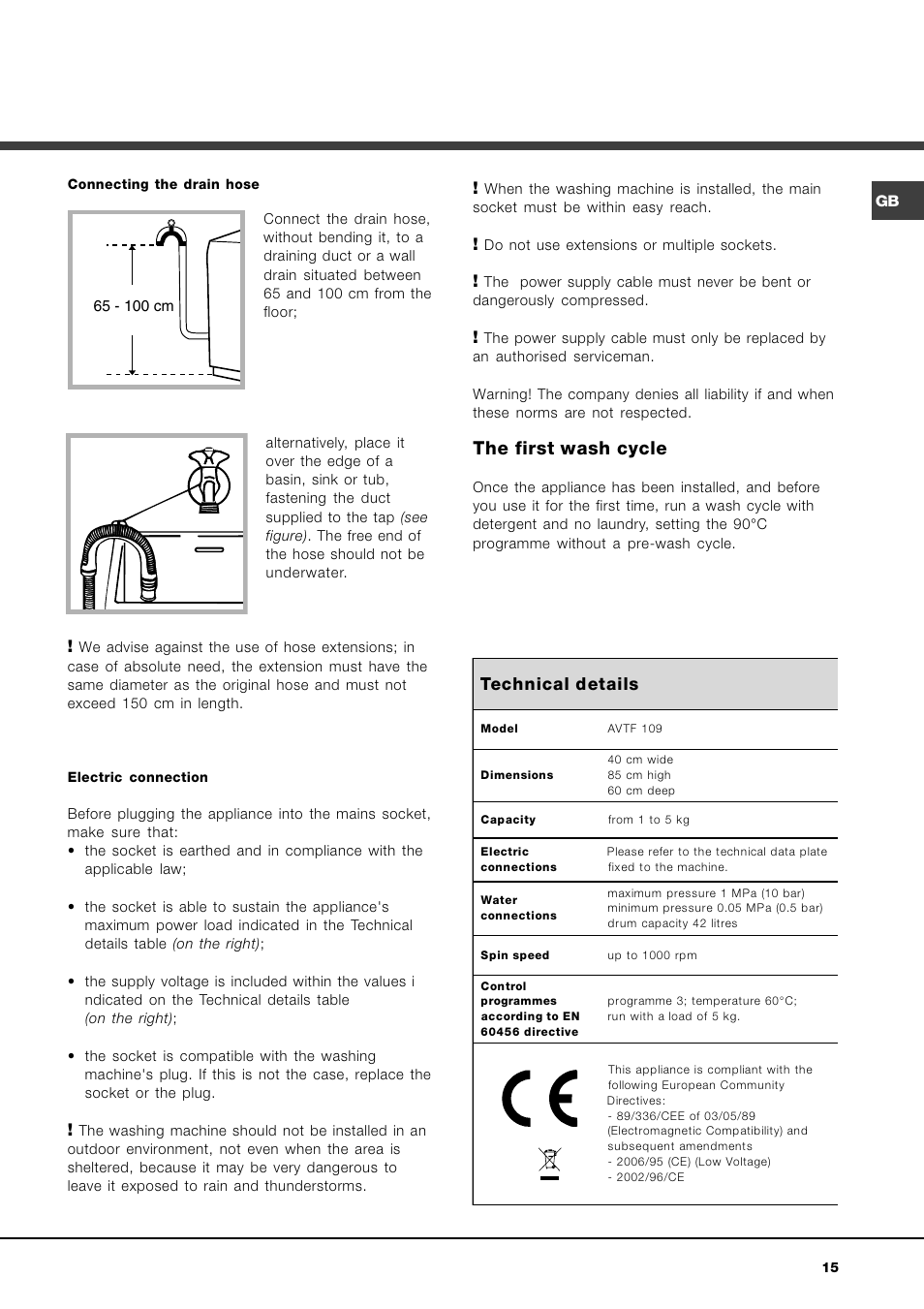 The first wash cycle, Technical details | Hotpoint Ariston AVTF 109 User Manual | Page 15 / 72