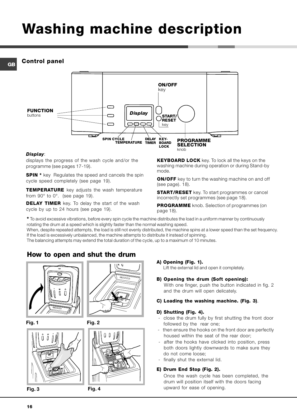 Washing machine description, How to open and shut the drum, Control panel | Hotpoint Ariston AVTF 109 User Manual | Page 16 / 72