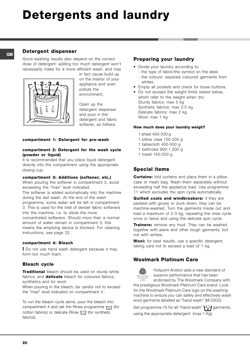 Detergents and laundry, Detergent dispenser, Preparing your laundry | Special items, Woolmark platinum care | Hotpoint Ariston AVTF 109 User Manual | Page 20 / 72