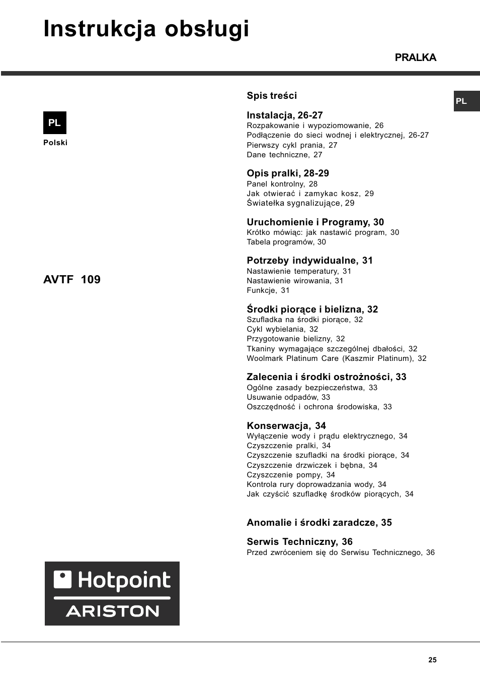 Instrukcja obs³ugi, Avtf 109 | Hotpoint Ariston AVTF 109 User Manual | Page 25 / 72