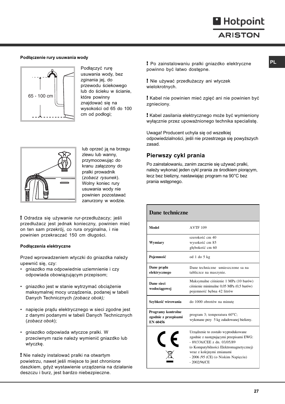 Pierwszy cykl prania, Dane techniczne | Hotpoint Ariston AVTF 109 User Manual | Page 27 / 72