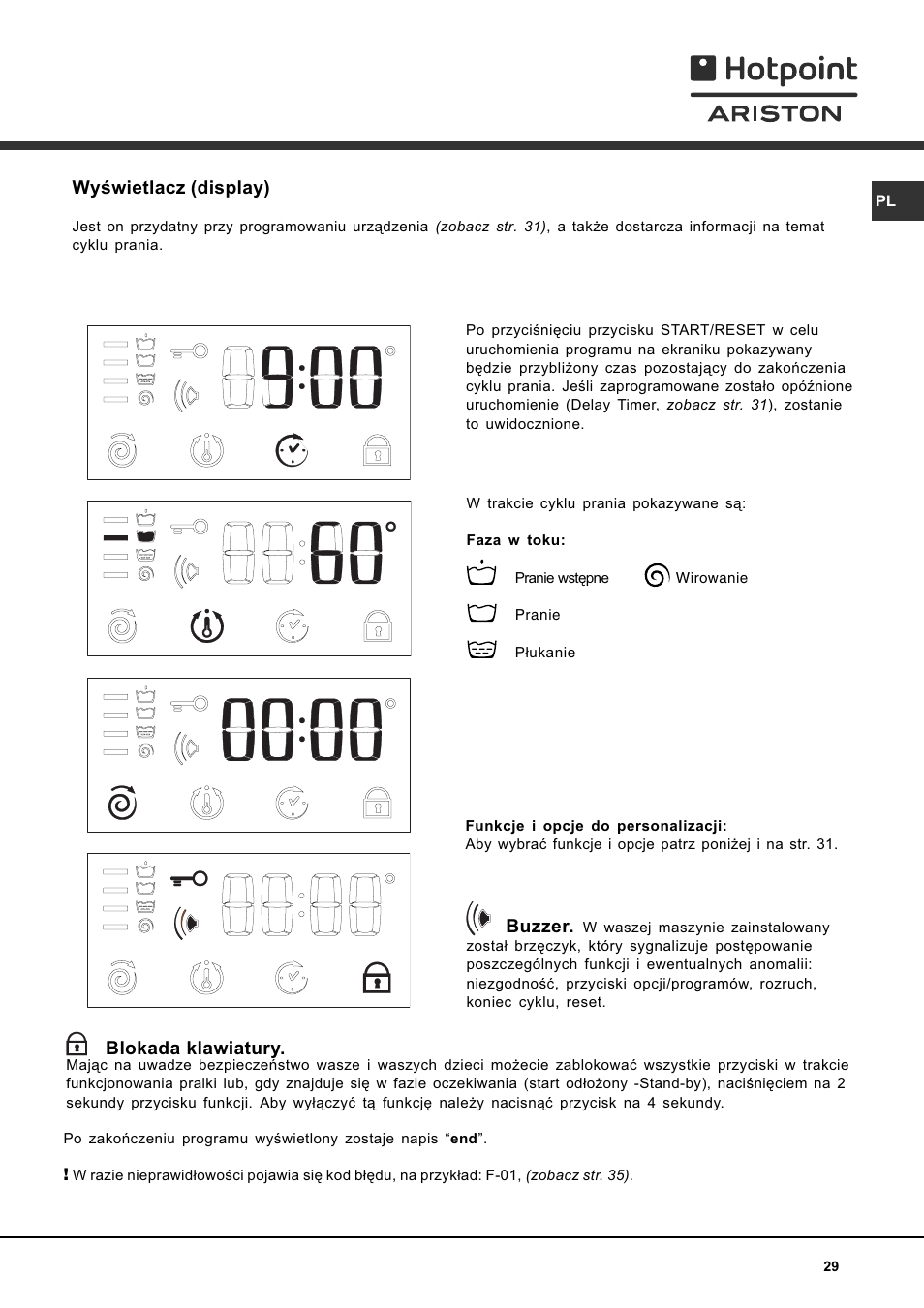 Blokada klawiatury, Buzzer, Wywietlacz (display) | Hotpoint Ariston AVTF 109 User Manual | Page 29 / 72