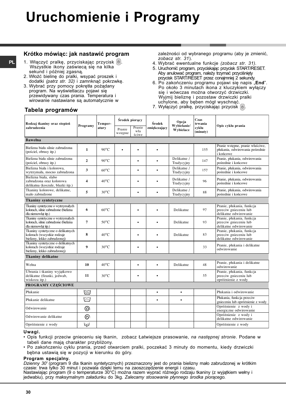 Uruchomienie i programy, Krótko mówi¹c: jak nastawiæ program, Tabela programów | Hotpoint Ariston AVTF 109 User Manual | Page 30 / 72