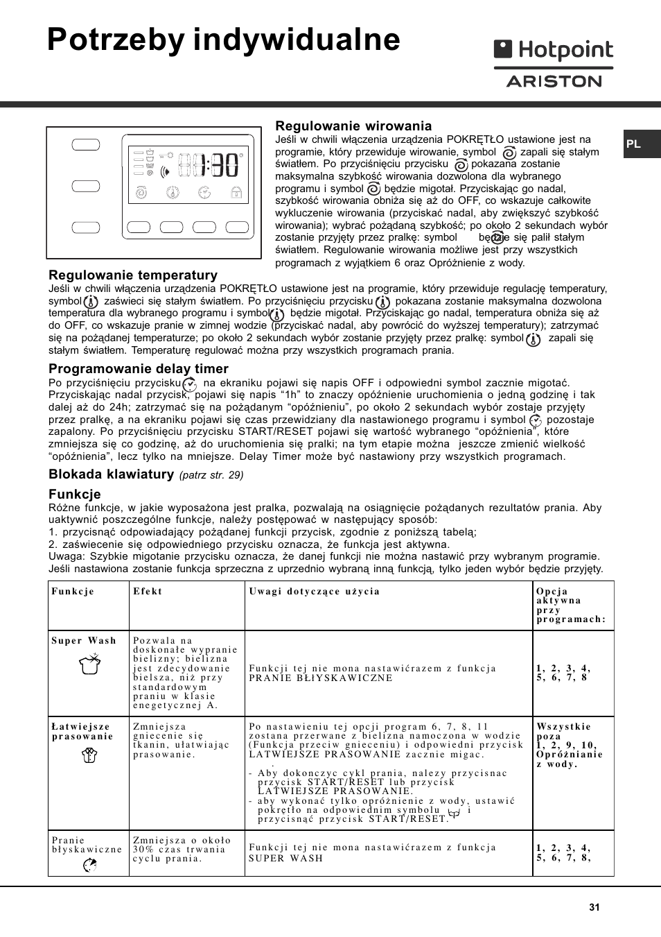 Potrzeby indywidualne, Regulowanie wirowania, Regulowanie temperatury | Programowanie delay timer, Blokada klawiatury, Funkcje | Hotpoint Ariston AVTF 109 User Manual | Page 31 / 72