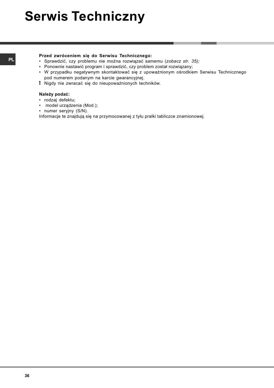 Serwis techniczny | Hotpoint Ariston AVTF 109 User Manual | Page 36 / 72