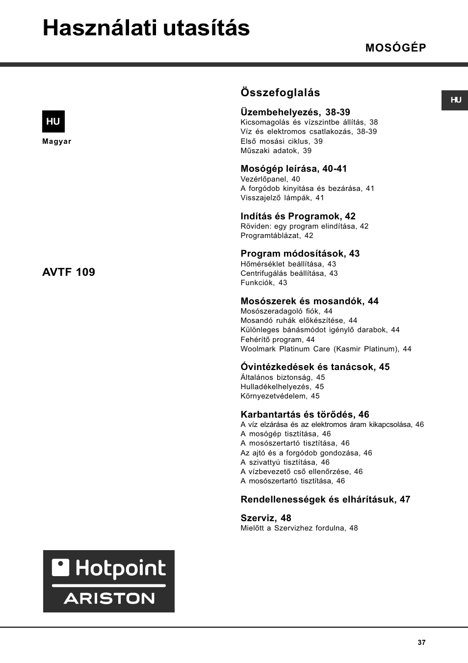 Használati utasítás, Összefoglalás, Mosógép avtf 109 | Hotpoint Ariston AVTF 109 User Manual | Page 37 / 72