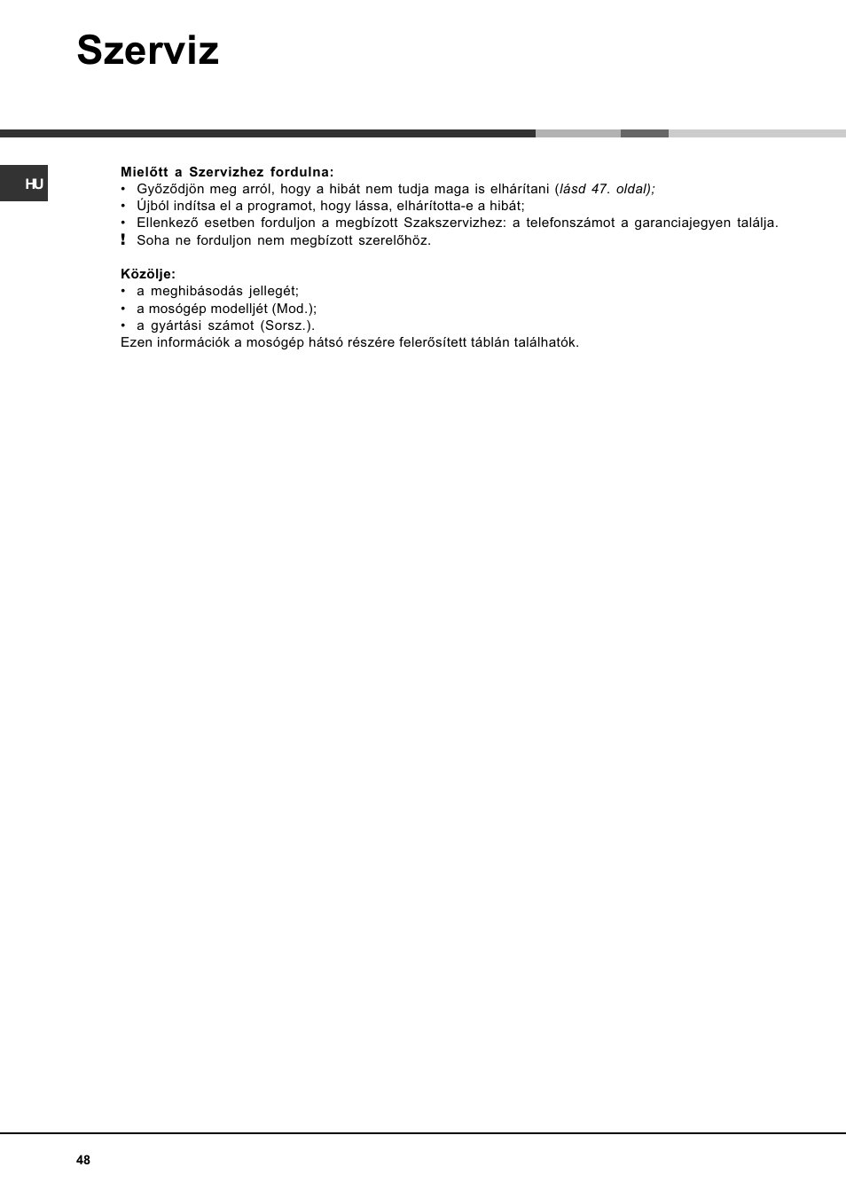 Szerviz | Hotpoint Ariston AVTF 109 User Manual | Page 48 / 72