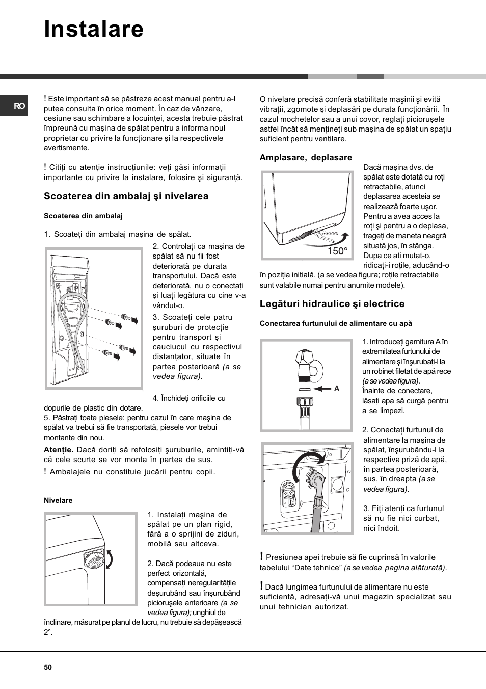 Instalare | Hotpoint Ariston AVTF 109 User Manual | Page 50 / 72