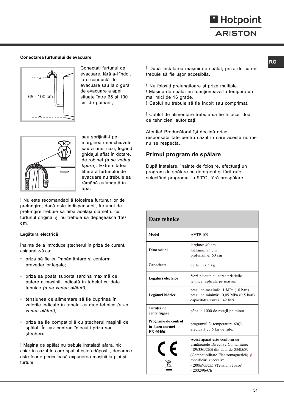 Primul program de spãlare, Date tehnice | Hotpoint Ariston AVTF 109 User Manual | Page 51 / 72