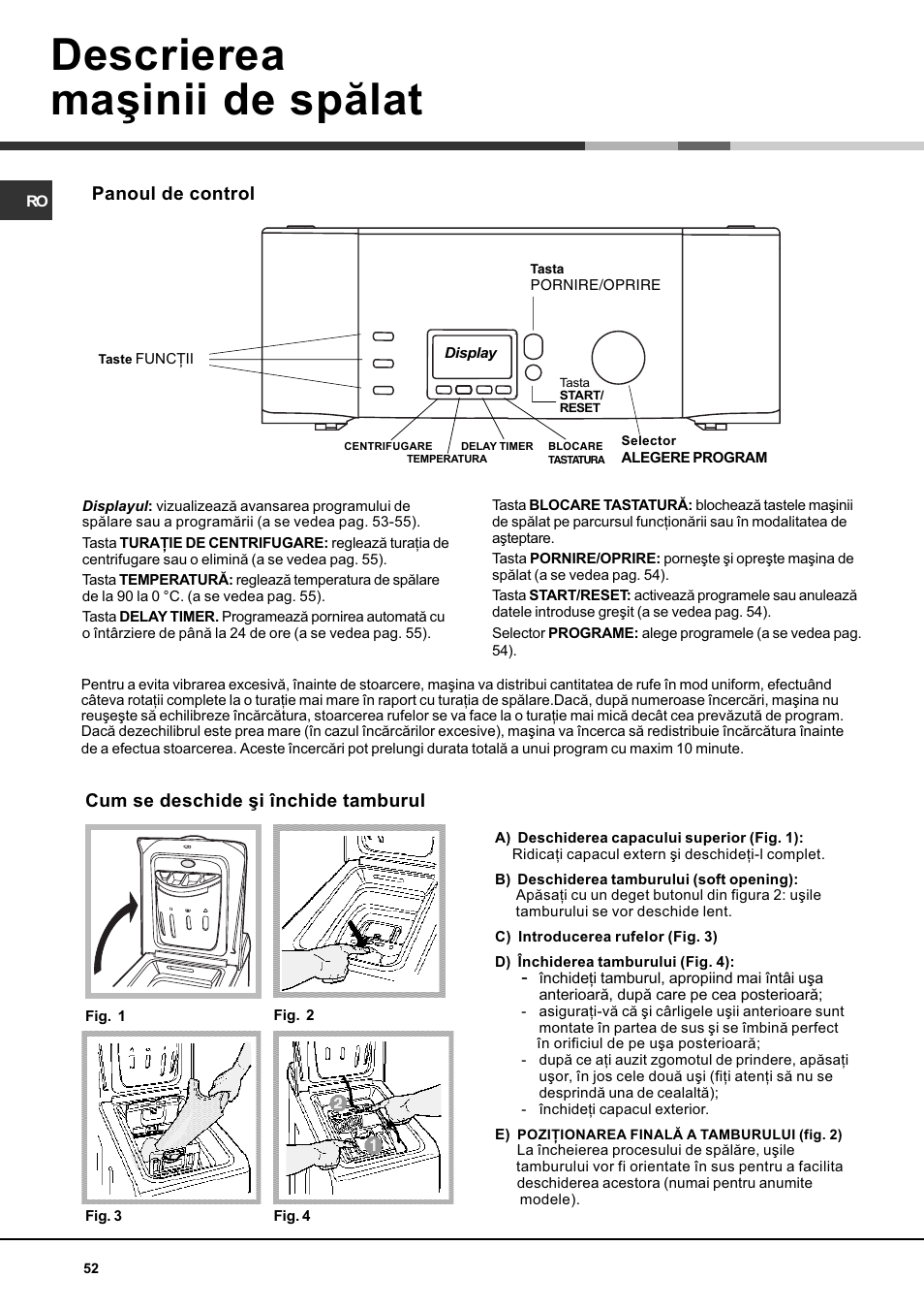 Descrierea maºinii de spãlat | Hotpoint Ariston AVTF 109 User Manual | Page 52 / 72