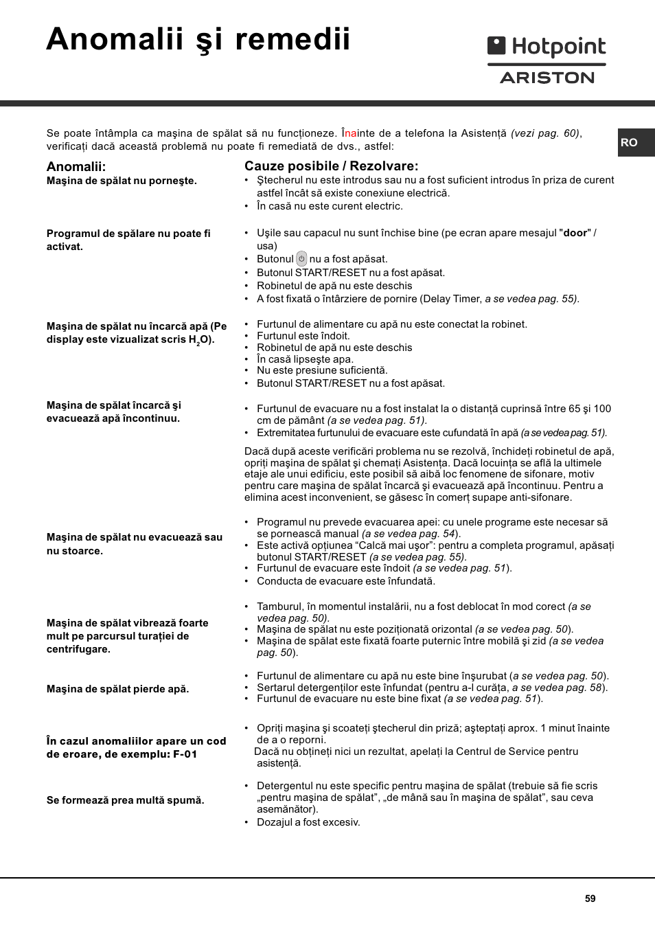 Anomalii ºi remedii, Anomalii, Cauze posibile / rezolvare | Hotpoint Ariston AVTF 109 User Manual | Page 59 / 72