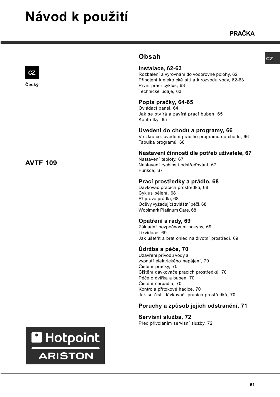 Hotpoint Ariston AVTF 109 User Manual | Page 61 / 72