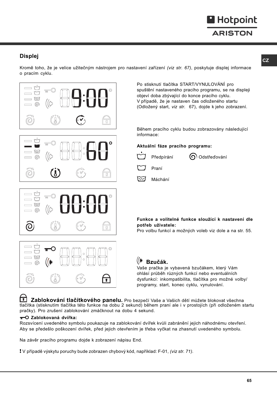 Zablokování tlaèítkového panelu, Displej, Bzuèák | Hotpoint Ariston AVTF 109 User Manual | Page 65 / 72