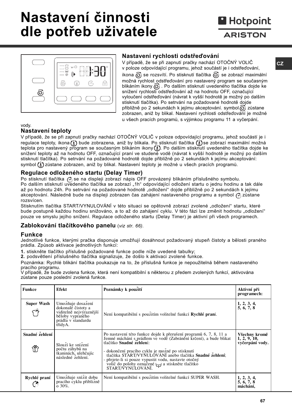 Nastavení èinnosti dle potøeb uivatele, Nastavení rychlosti odstøeïování, Nastavení teploty | Regulace odloeného startu (delay timer), Zablokování tlaèítkového panelu, Funkce | Hotpoint Ariston AVTF 109 User Manual | Page 67 / 72