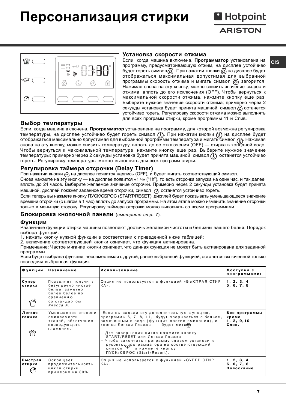 Персонализация стирки, Установка скорости отжима, Выбор температуры | Регулировка таймера отсрочки (delay timer), Блокировка кнопочной панели, Функции | Hotpoint Ariston AVTF 109 User Manual | Page 7 / 72