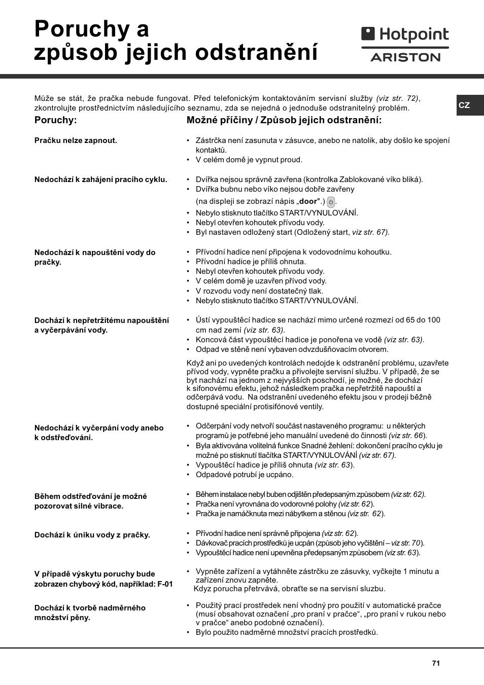 Poruchy a zpùsob jejich odstranìní | Hotpoint Ariston AVTF 109 User Manual | Page 71 / 72