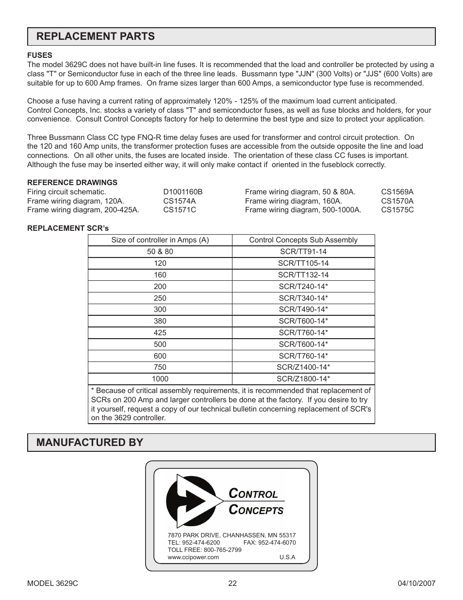 Replacement parts, Manufactured by, See replacement parts sections | Precision Control Systems 3629C User Manual | Page 26 / 28