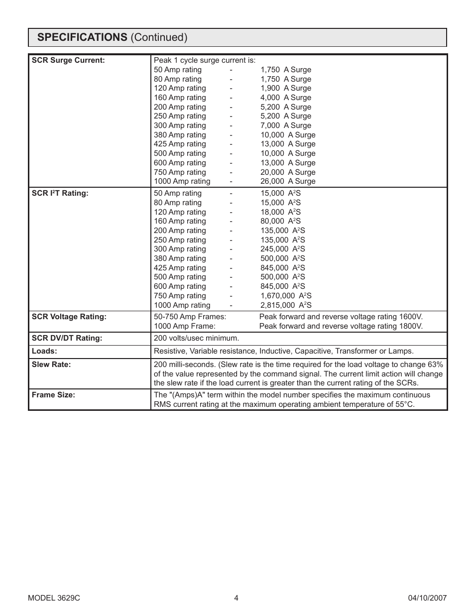 Specifications (continued) | Precision Control Systems 3629C User Manual | Page 8 / 28