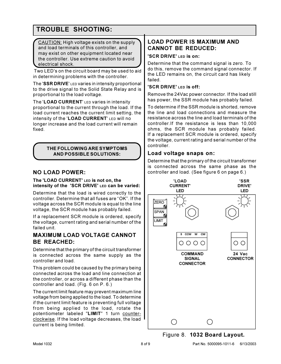 Trouble shooting, Load power is maximum and cannot be reduced, Load voltage snaps on | No load power, Maximum load voltage cannot be reached | Precision Control Systems 1032 User Manual | Page 10 / 11