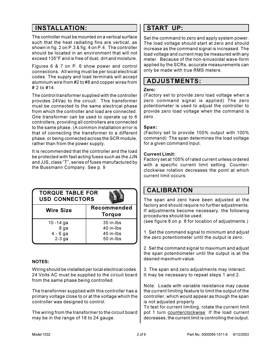 Installation: start up, Adjustments, Calibration | Precision Control Systems 1032 User Manual | Page 4 / 11