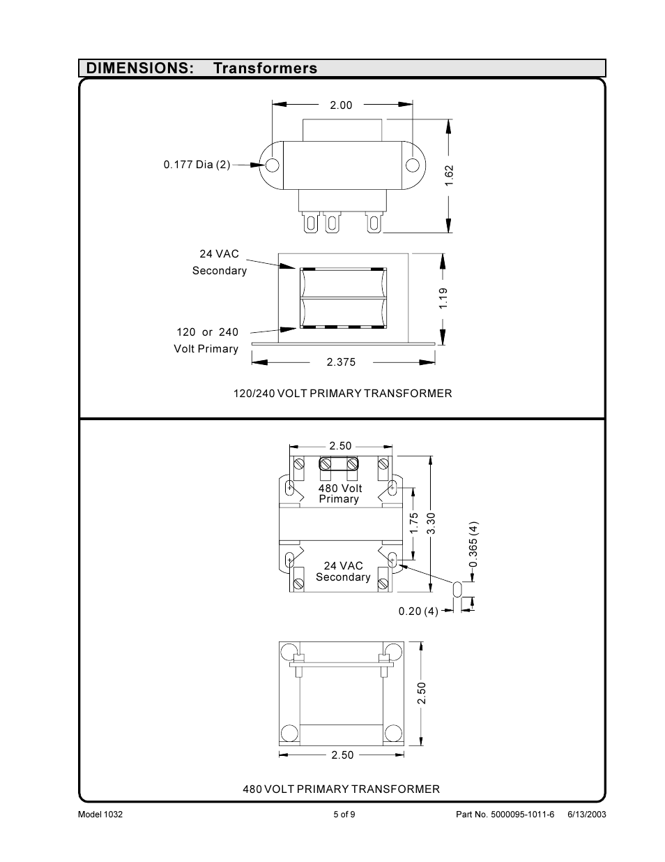 Dimensions: transformers | Precision Control Systems 1032 User Manual | Page 7 / 11