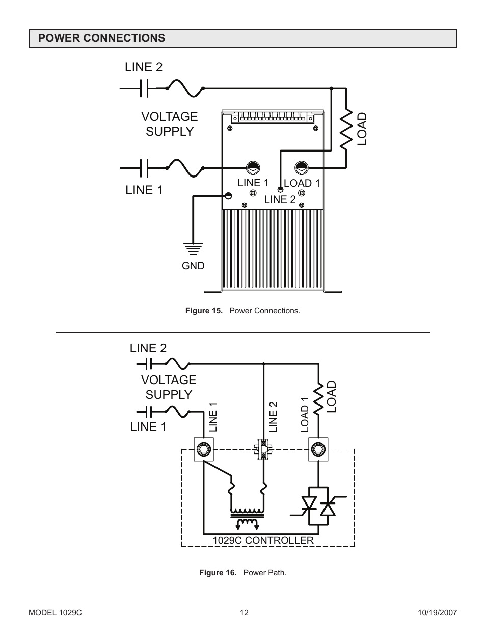 Power connections, Figure 15, Figure 16 | Line 2 line 1 voltage supply load | Precision Control Systems 1029C User Manual | Page 16 / 23