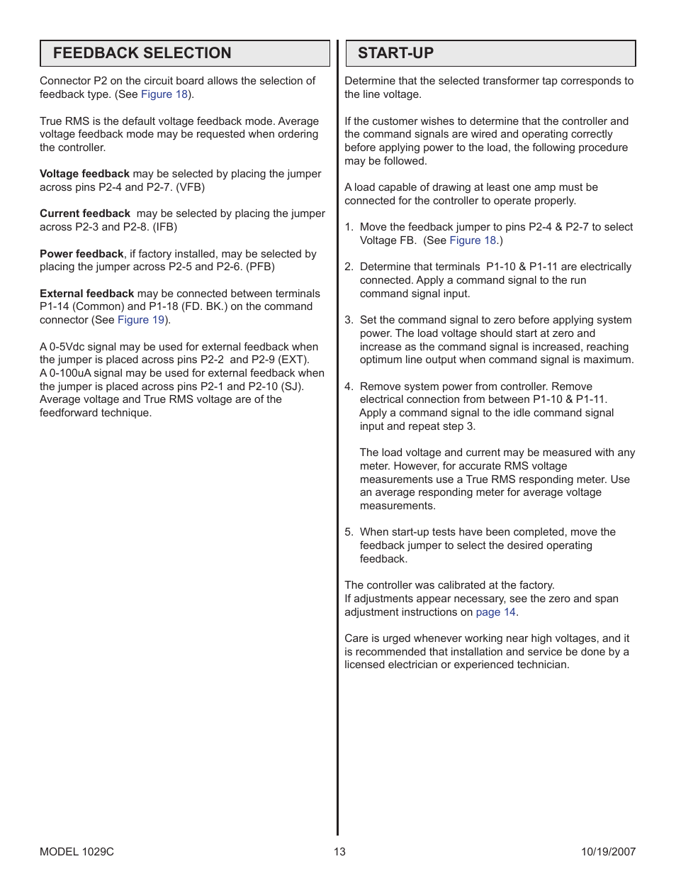 Feedback selection, Start-up | Precision Control Systems 1029C User Manual | Page 17 / 23