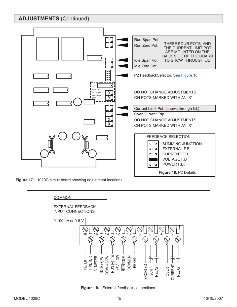 Figure 19, For connections, Feedback type. (see | Figure 18, Connector (see, Adjustments (continued) | Precision Control Systems 1029C User Manual | Page 19 / 23