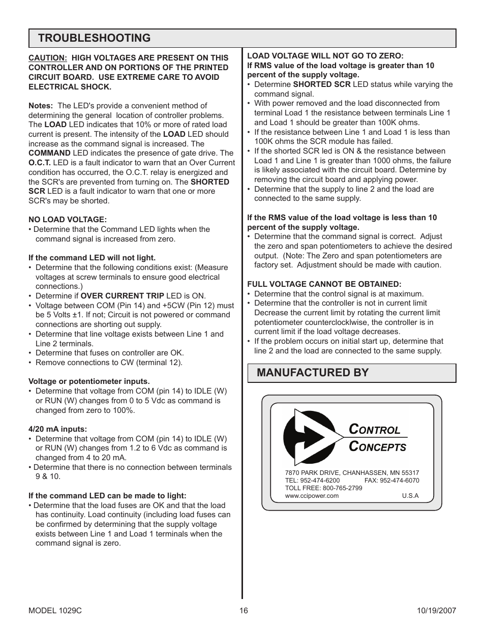Troubleshooting, Manufactured by | Precision Control Systems 1029C User Manual | Page 20 / 23