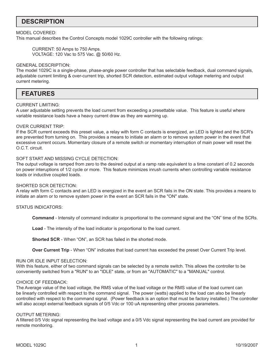 Description, Features | Precision Control Systems 1029C User Manual | Page 5 / 23