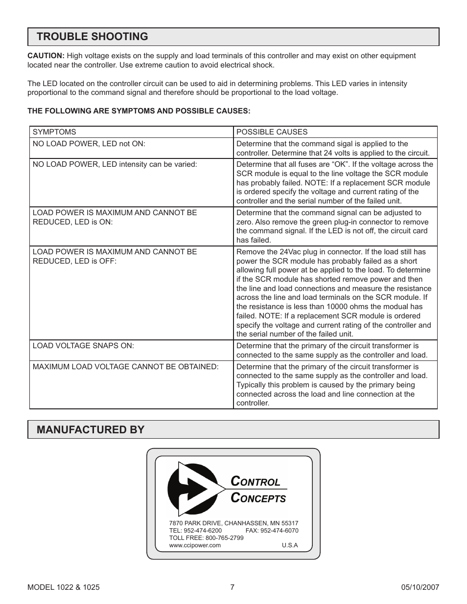 Trouble shooting, Manufactured by | Precision Control Systems 1025 User Manual | Page 10 / 11