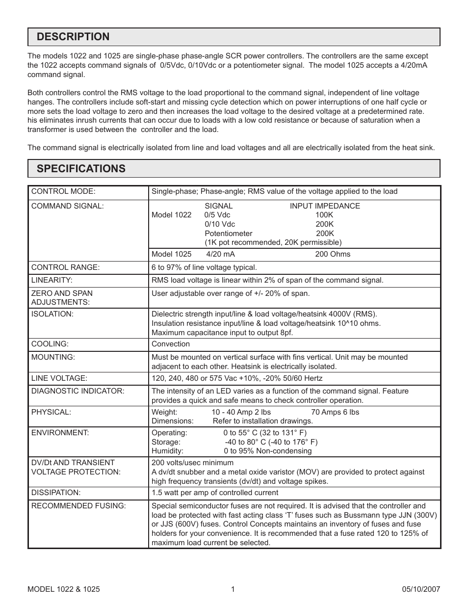 Description, Specifications | Precision Control Systems 1025 User Manual | Page 4 / 11