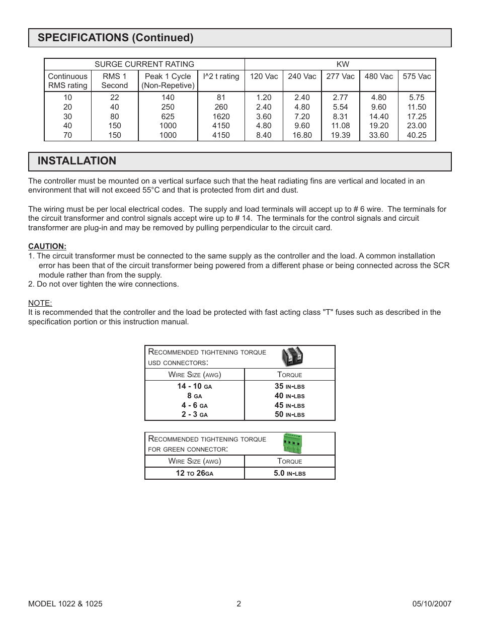 Installation, Specifications (continued) | Precision Control Systems 1025 User Manual | Page 5 / 11