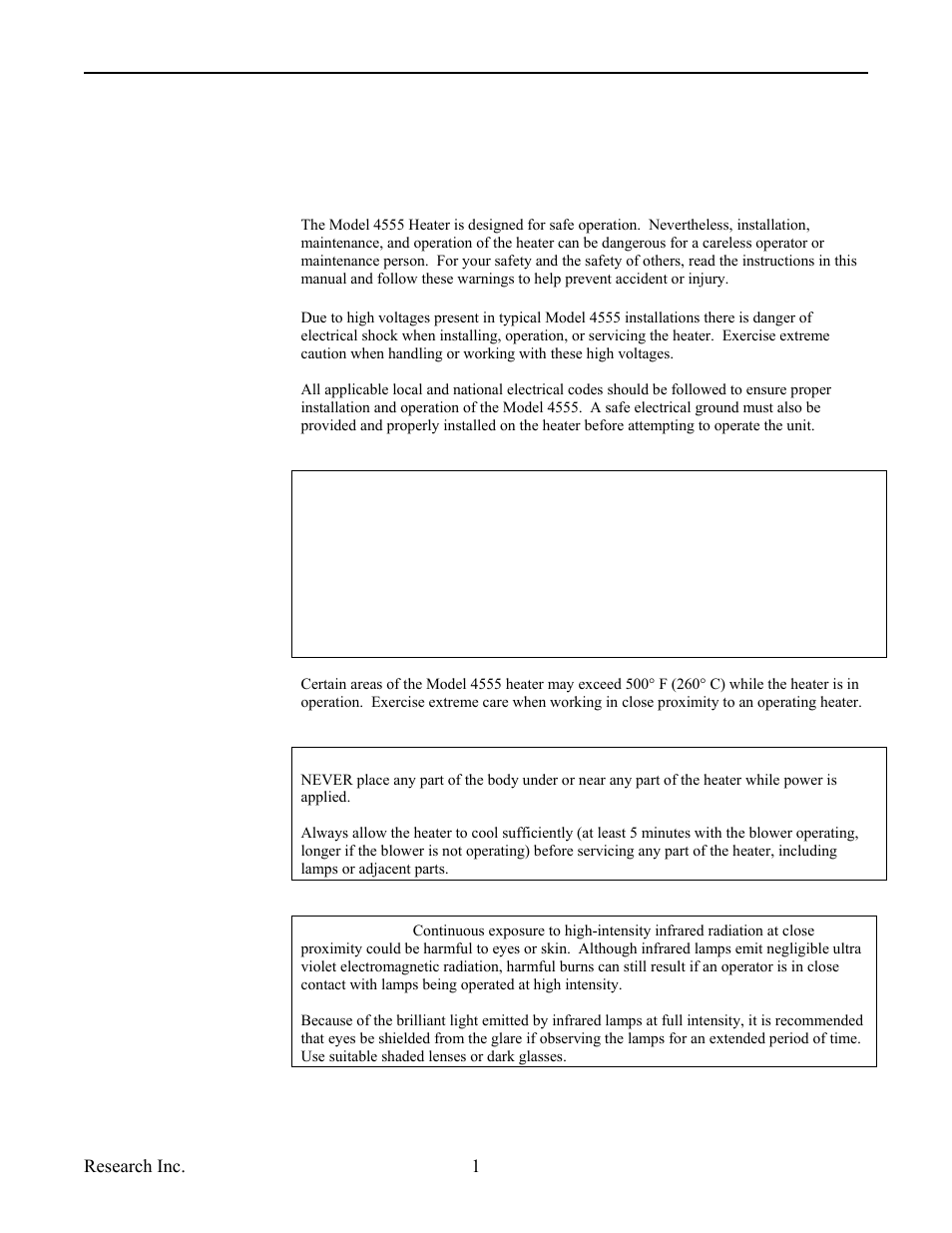 General, Electrical, Safety | Heater, Infrared, Electrical safety, Heater safety, Infrared radiation | Precision Control Systems PanelIR 4555 User Manual | Page 4 / 33