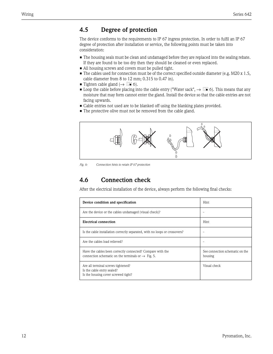 5 degree of protection, 6 connection check, Degree of protection | Connection check | Pyromation Series 642 User Manual | Page 12 / 44