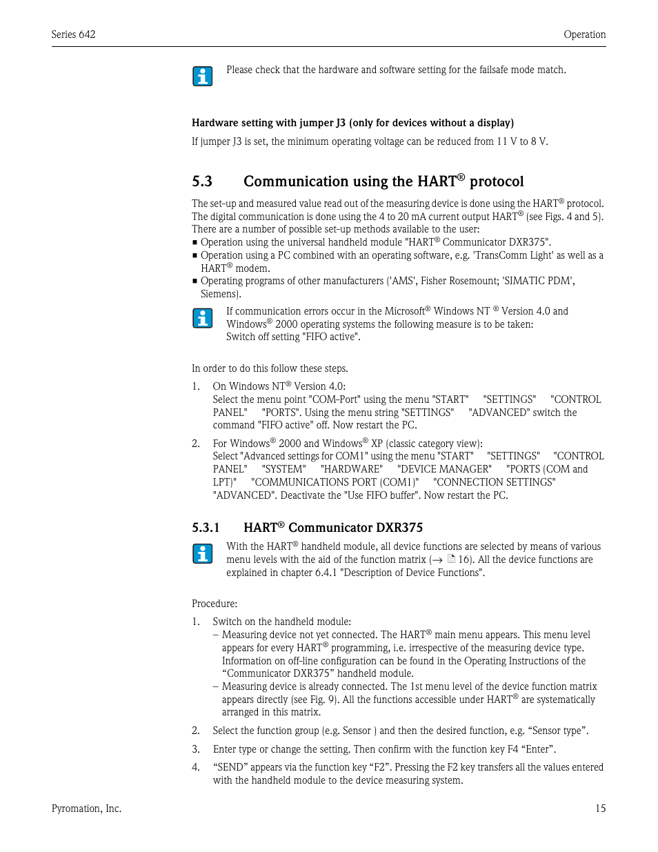 3 communication using the hart® protocol, Communication using the hart® protocol, 3 communication using the hart | Protocol, 1 hart, Communicator dxr375 | Pyromation Series 642 User Manual | Page 15 / 44