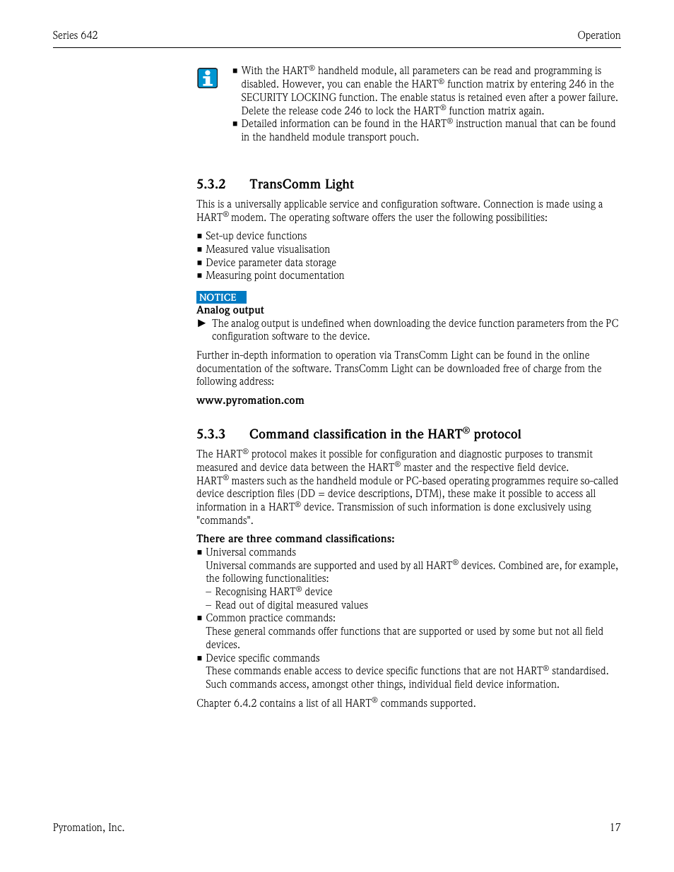 2 transcomm light, 3 command classification in the hart, Protocol | Pyromation Series 642 User Manual | Page 17 / 44