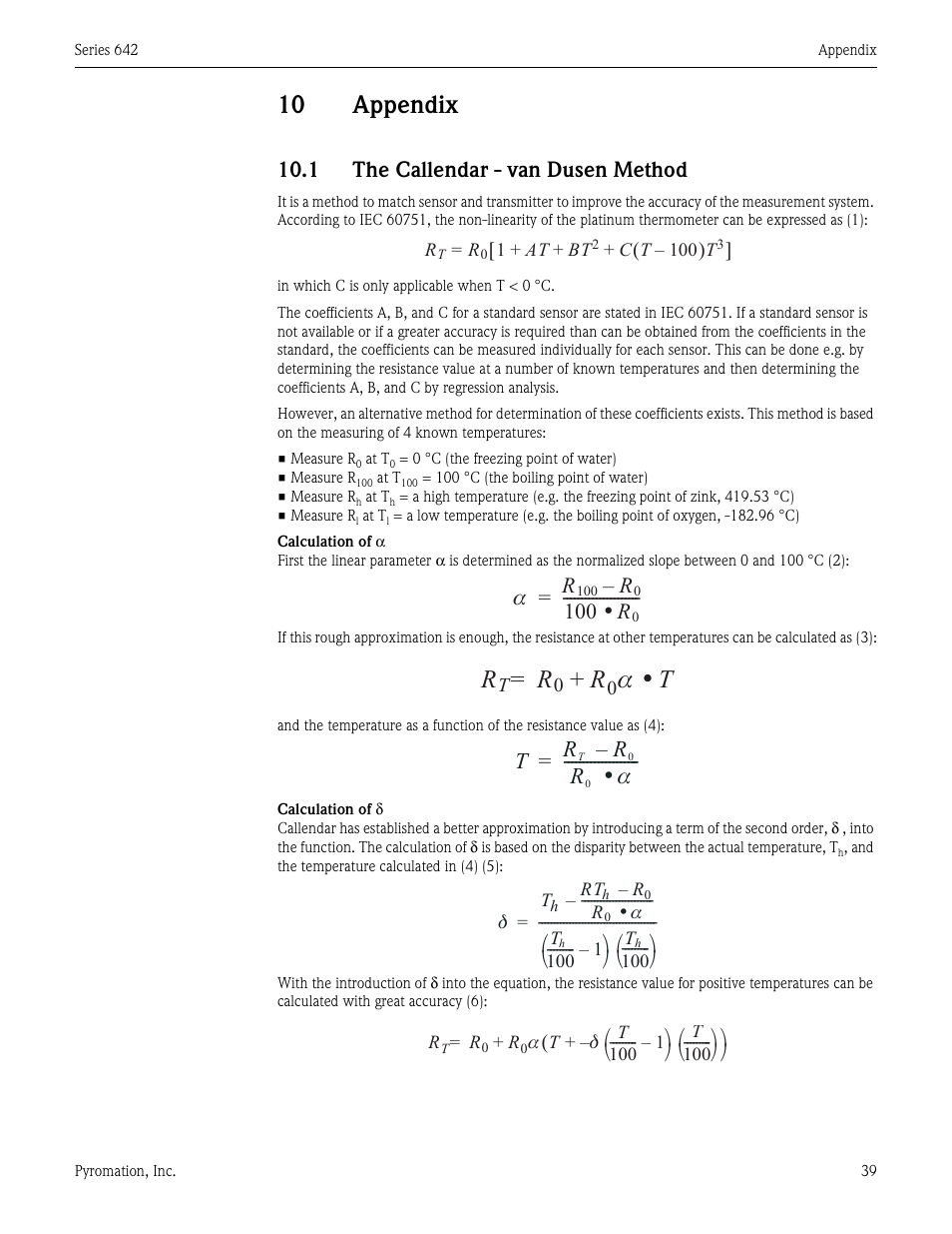 10 appendix, 1 the callendar - van dusen method, Appendix | 100 r | Pyromation Series 642 User Manual | Page 39 / 44