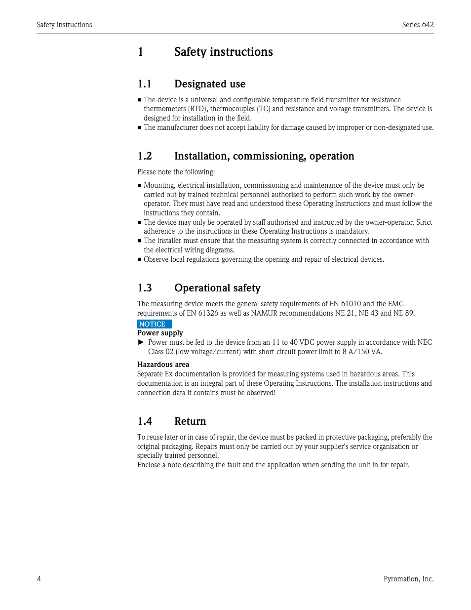 1 safety instructions, 1 designated use, 2 installation, commissioning, operation | 3 operational safety, 4 return, Safety instructions, Designated use, Installation, commissioning, operation, Operational safety, Return | Pyromation Series 642 User Manual | Page 4 / 44