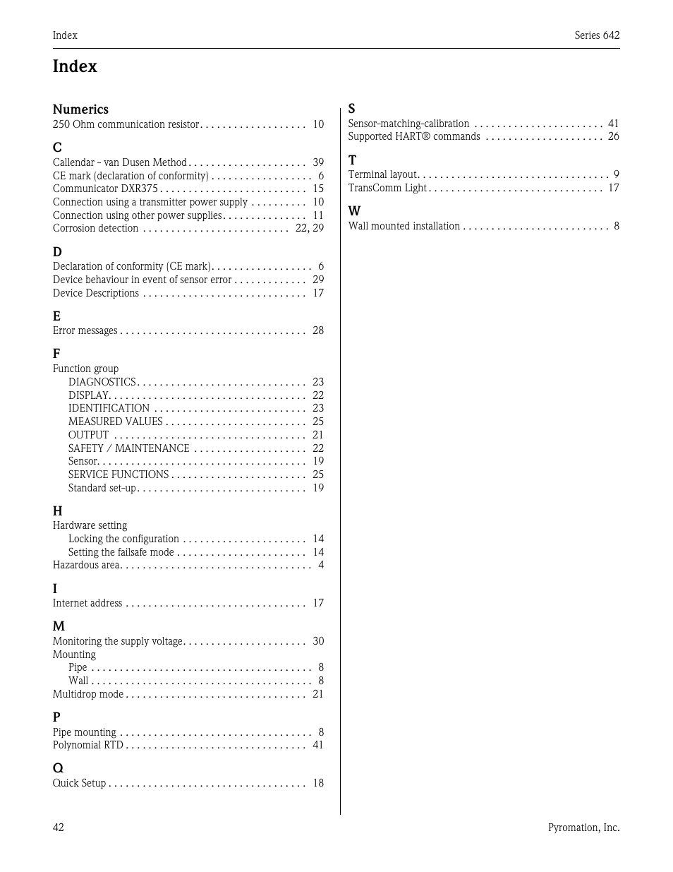 Index | Pyromation Series 642 User Manual | Page 42 / 44