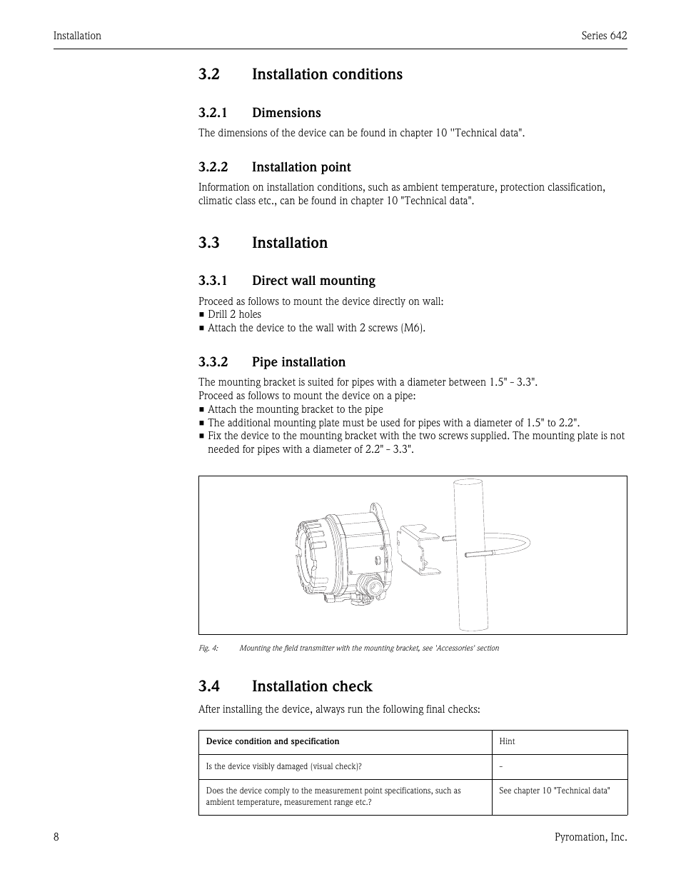 2 installation conditions, 3 installation, 4 installation check | Installation conditions, Installation, Installation check | Pyromation Series 642 User Manual | Page 8 / 44