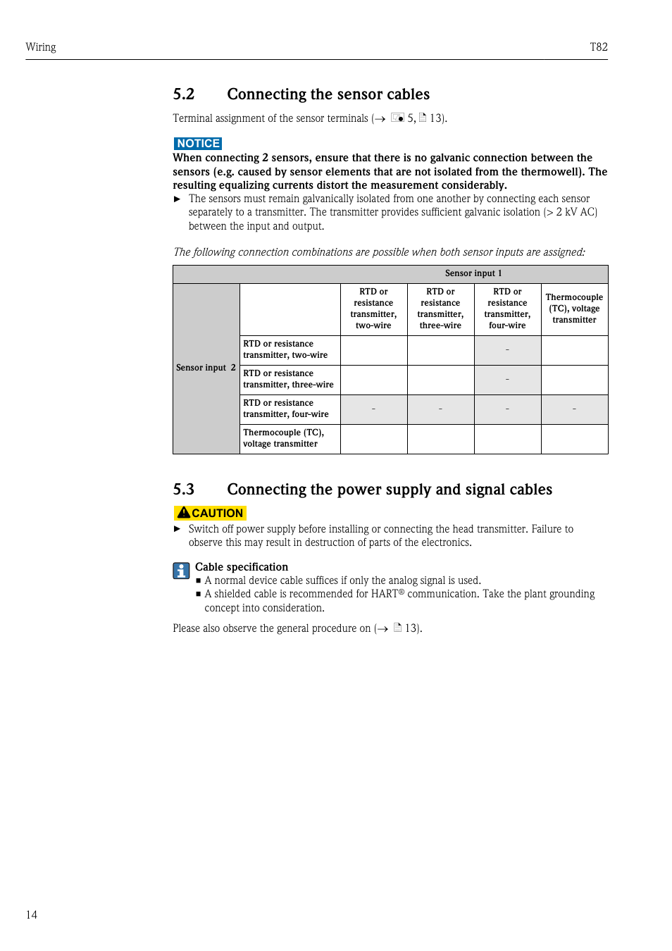 2 connecting the sensor cables, 3 connecting the power supply and signal cables, Connecting the sensor cables | Connecting the power supply and signal cables | Pyromation T82 User Manual | Page 14 / 88