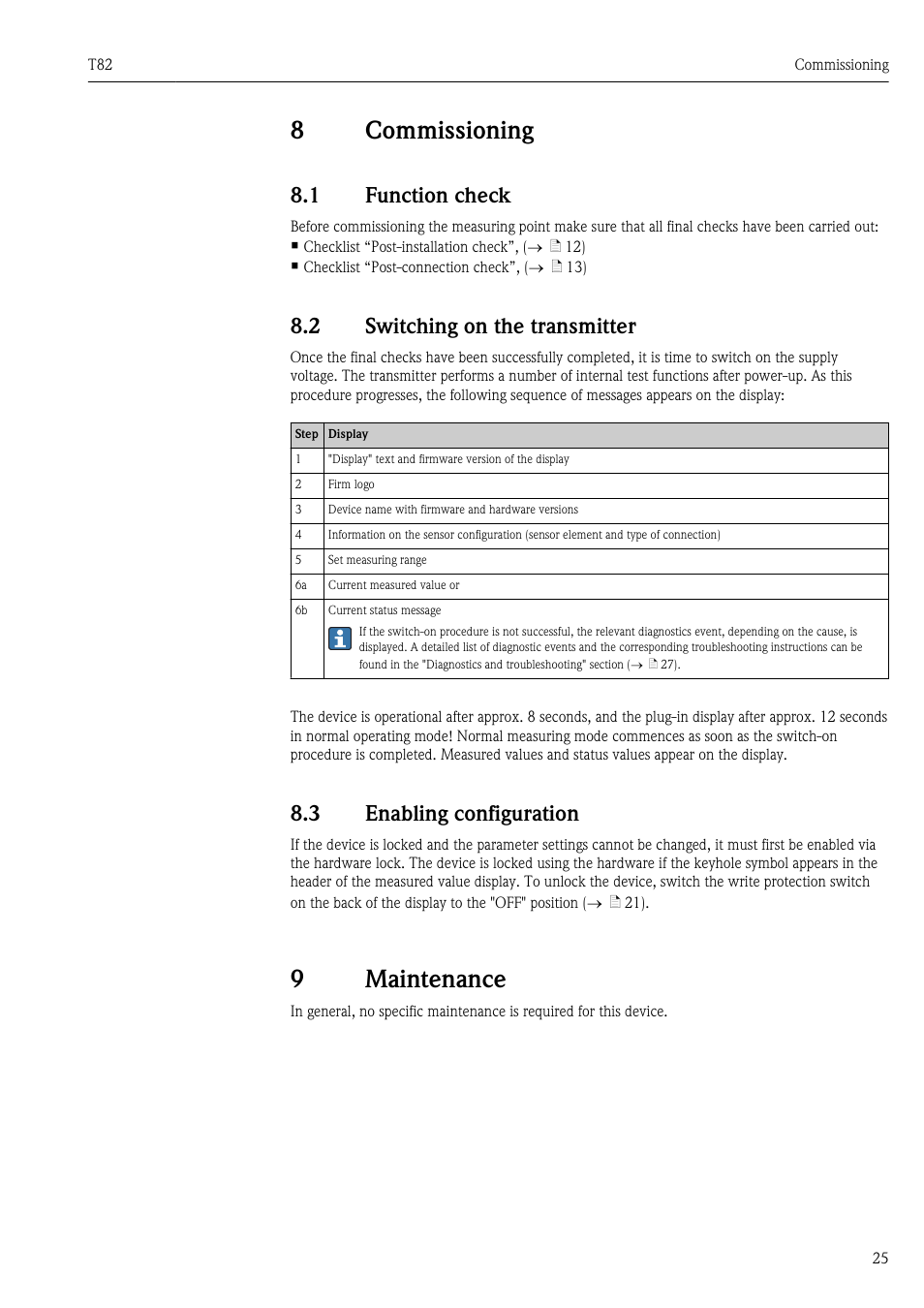 8 commissioning, 1 function check, 2 switching on the transmitter | 3 enabling configuration, 9 maintenance, Ä 25), Commissioning, Function check, Switching on the transmitter, Enabling configuration | Pyromation T82 User Manual | Page 25 / 88