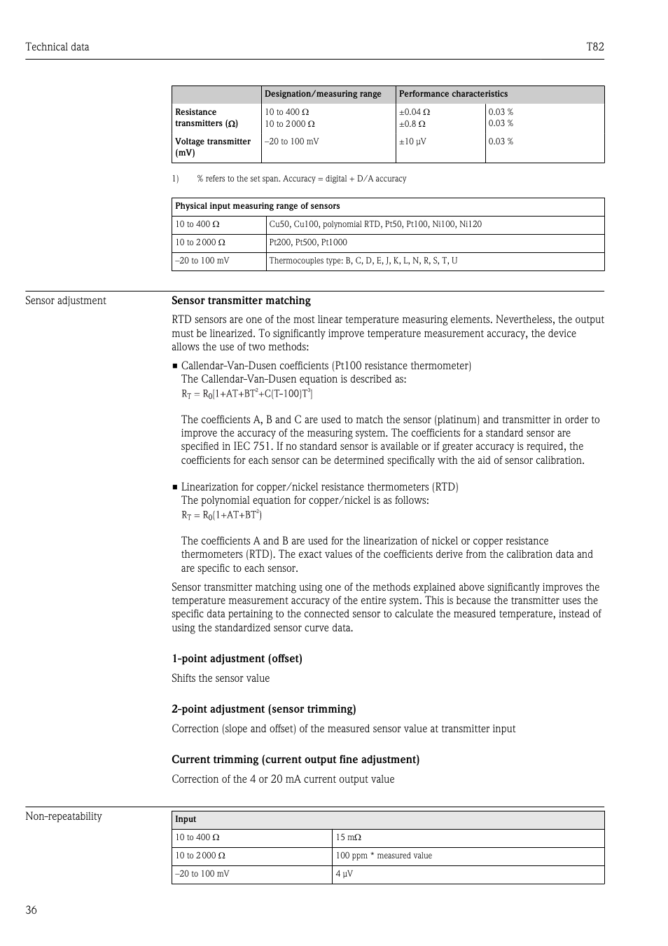 Sensor adjustment, Non-repeatability | Pyromation T82 User Manual | Page 36 / 88