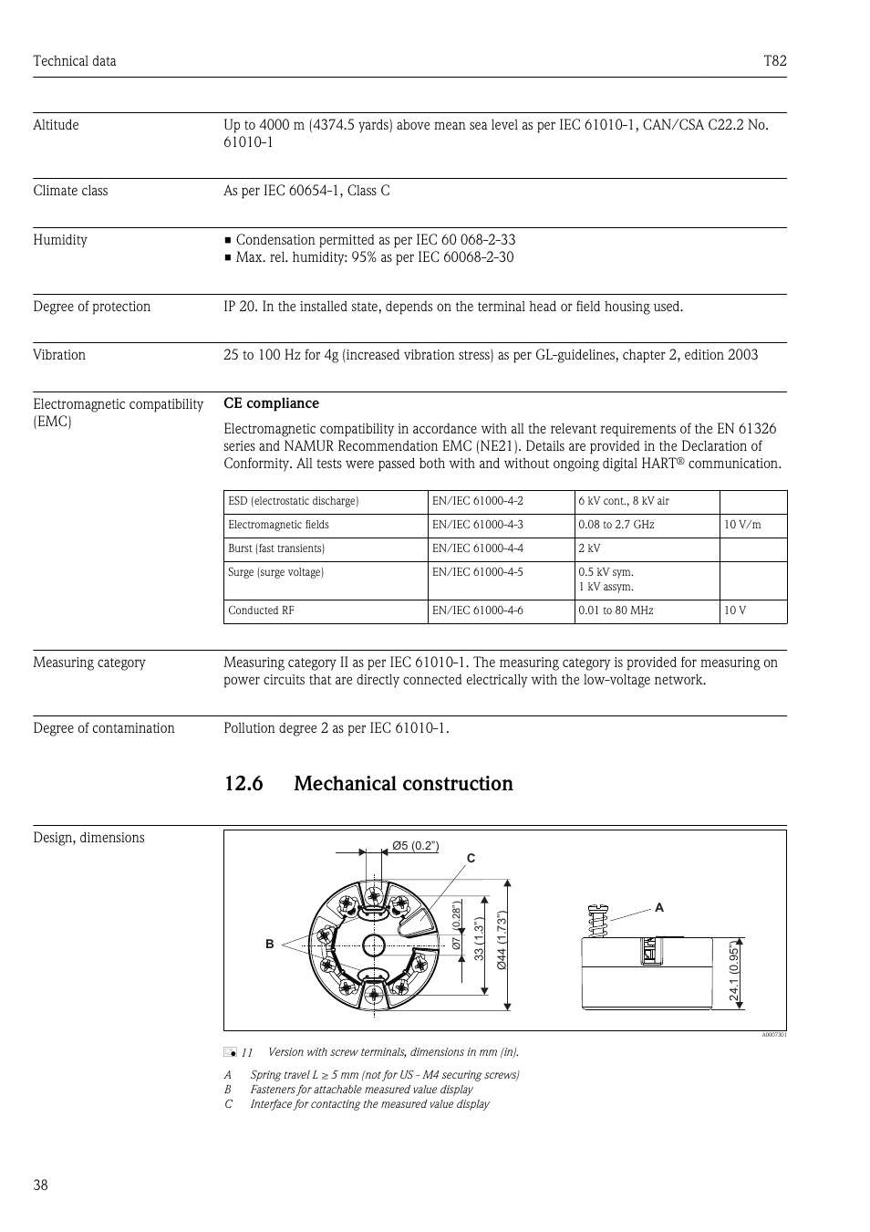 Altitude, Climate class, Humidity | Degree of protection, Vibration, Electromagnetic compatibility (emc), Measuring category, Degree of contamination, 6 mechanical construction, Design, dimensions | Pyromation T82 User Manual | Page 38 / 88