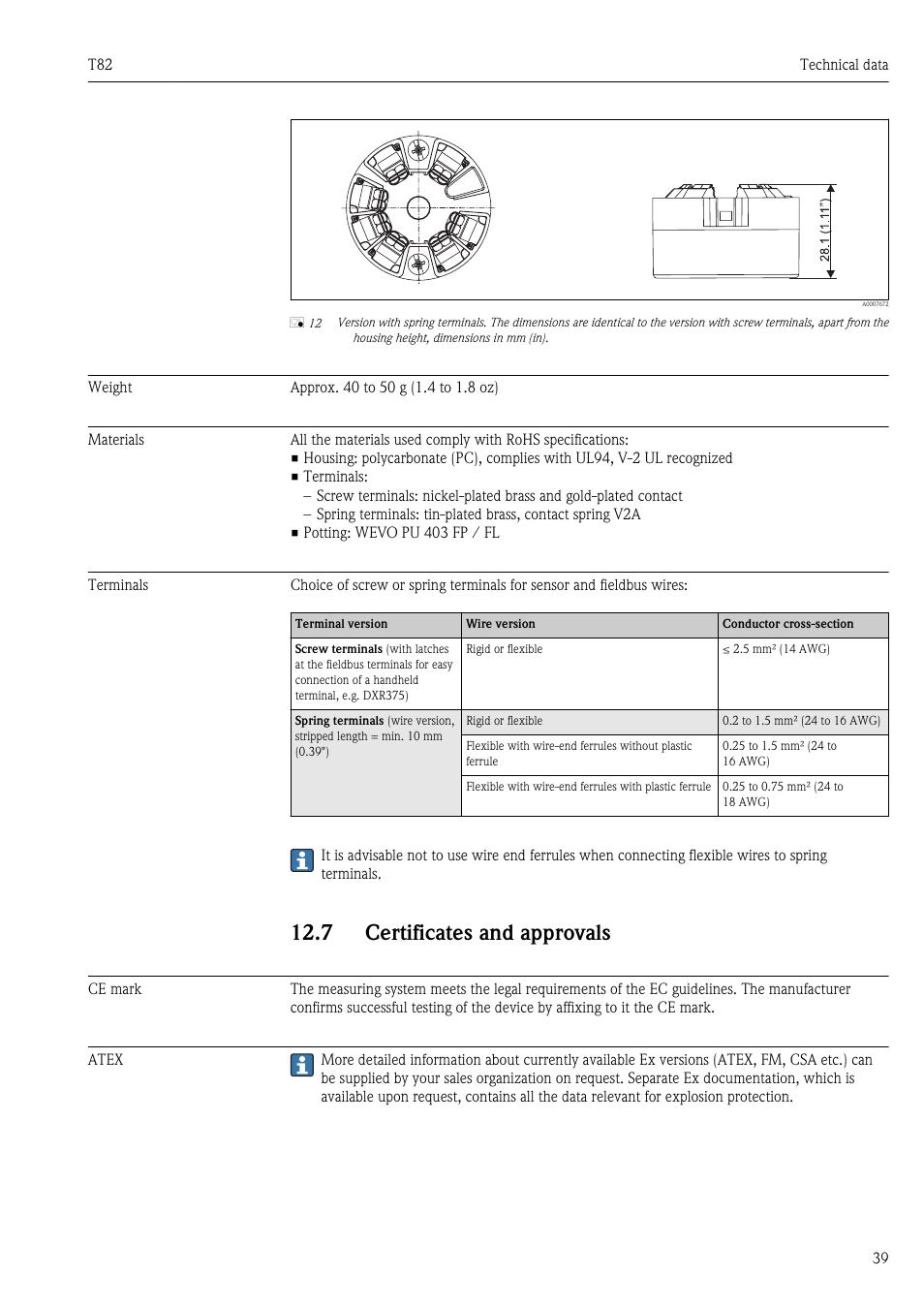 Weight, Materials, Terminals | 7 certificates and approvals, Ce mark, Atex | Pyromation T82 User Manual | Page 39 / 88